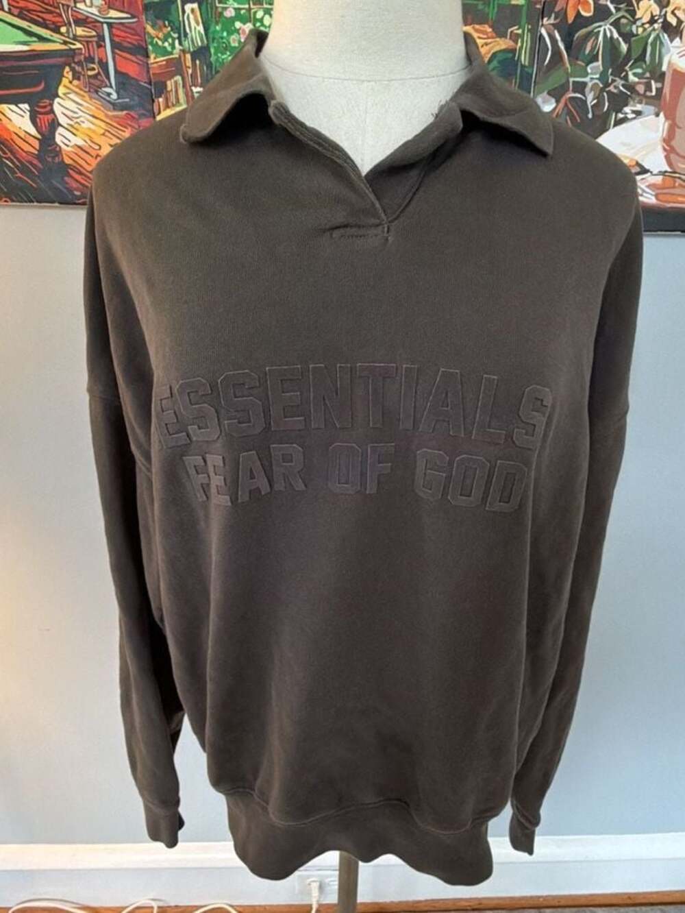 Fear of God Essentials Long-Sleeve Polo Sweatshirt in Wood men’s size S